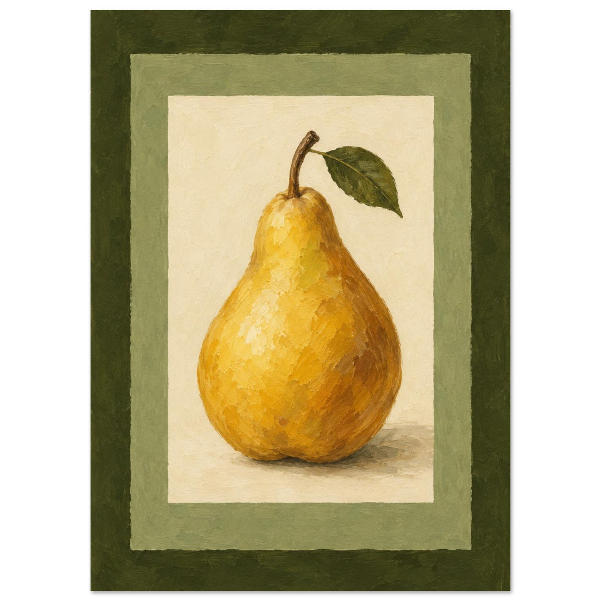 A framed-style art print featuring a painted yellow pear with a green leaf, centered within layered green and cream borders on a white background.