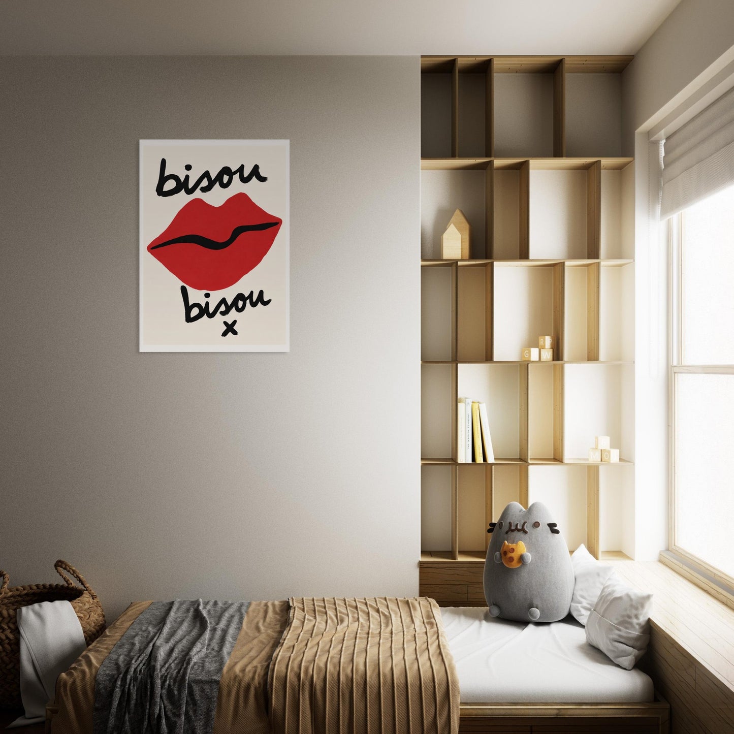 Room interior with a bed, shelves, and a wall art piece of a Bisou Bisou French Lips Poster