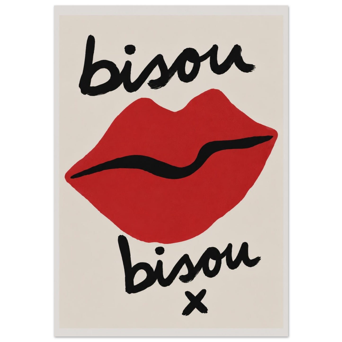 Red lips Poster with 'bisou' text on a beige background