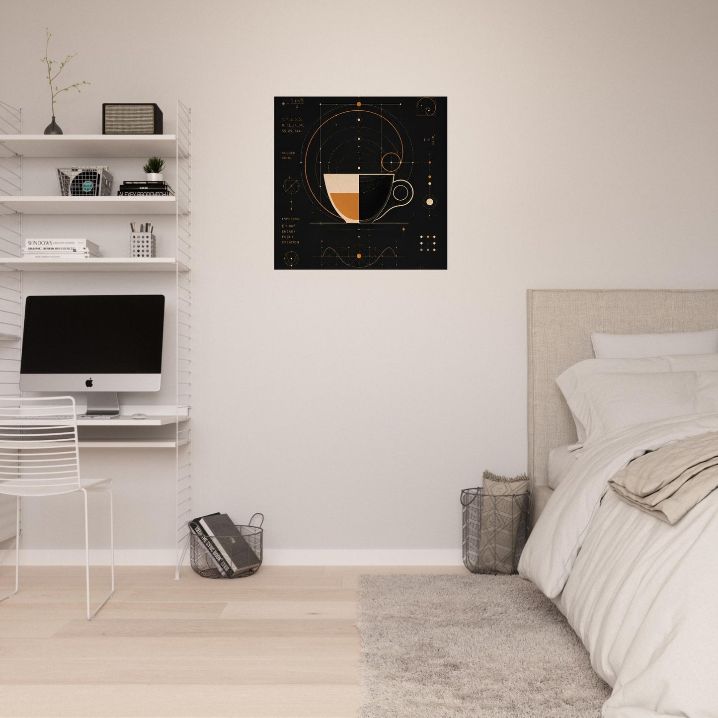 Modern geometric espresso artwork displayed in a bright minimalist bedroom interior.