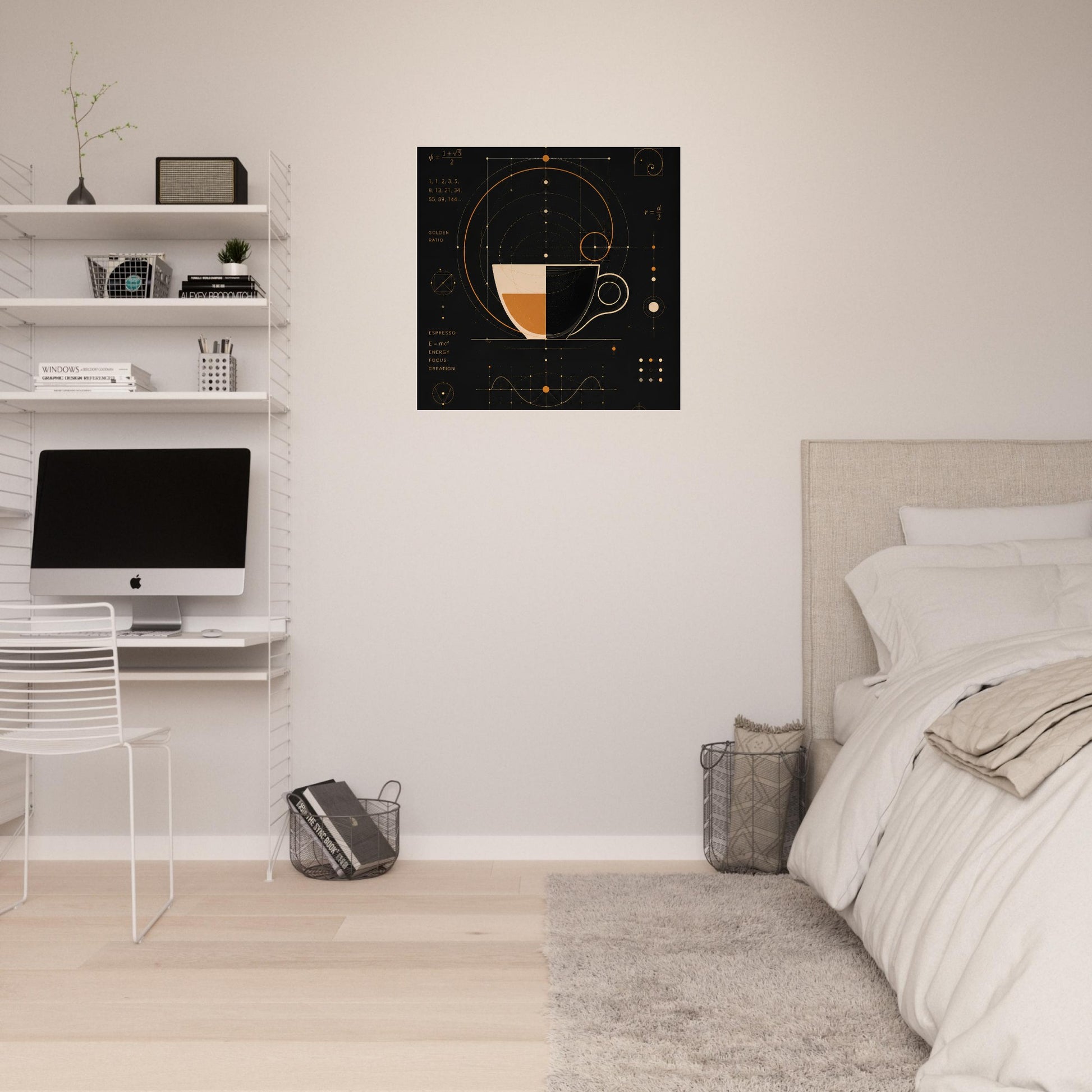 Modern geometric espresso artwork displayed in a bright minimalist bedroom interior.