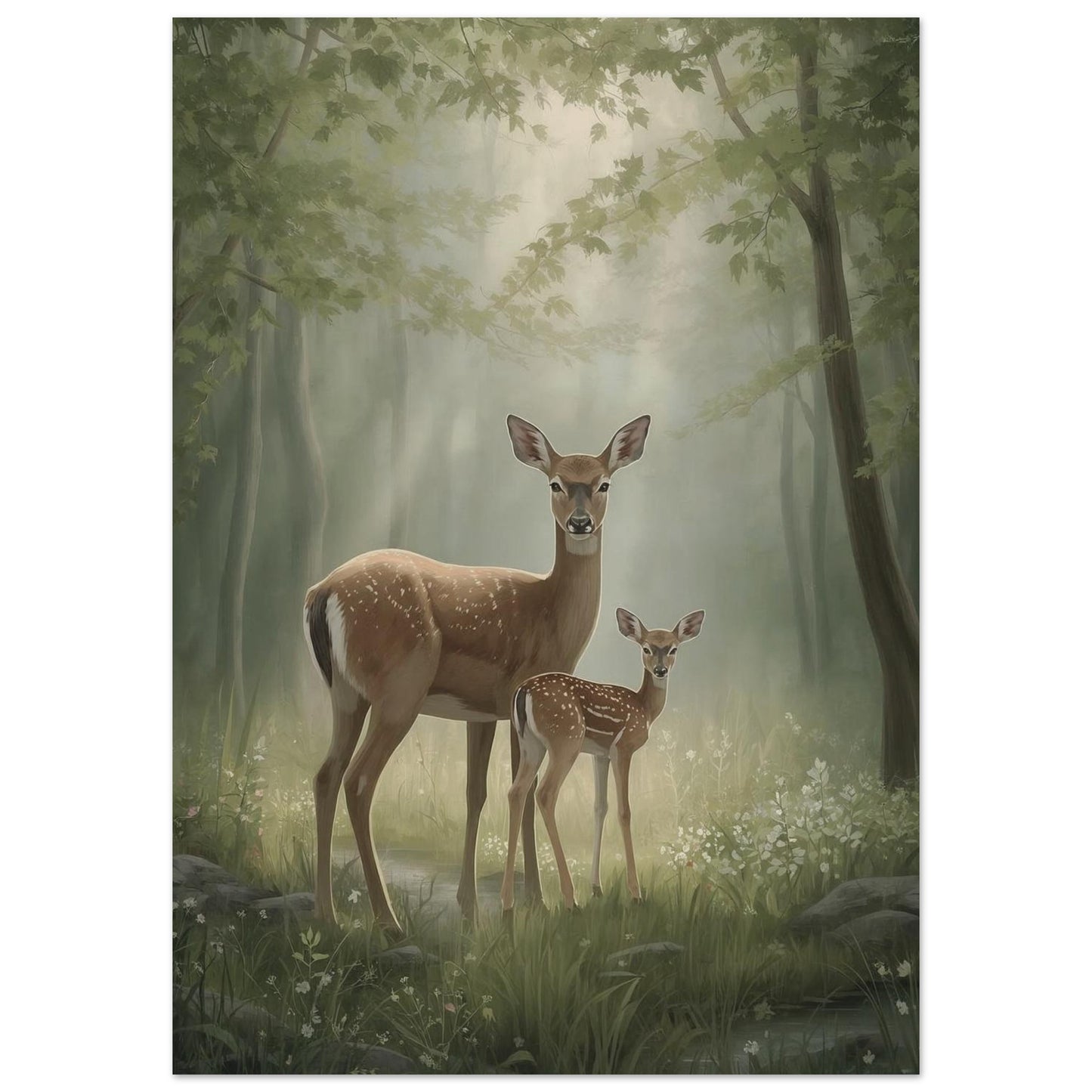 Two deer standing in a misty forest with sunlight filtering through the trees.