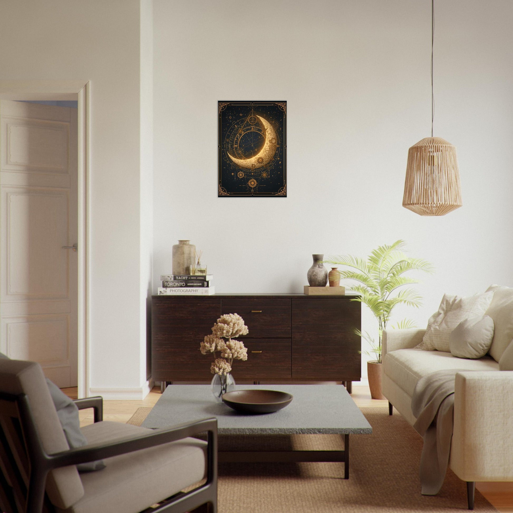 Modern living room with a decorative wall art piece, furniture, and decor elements.