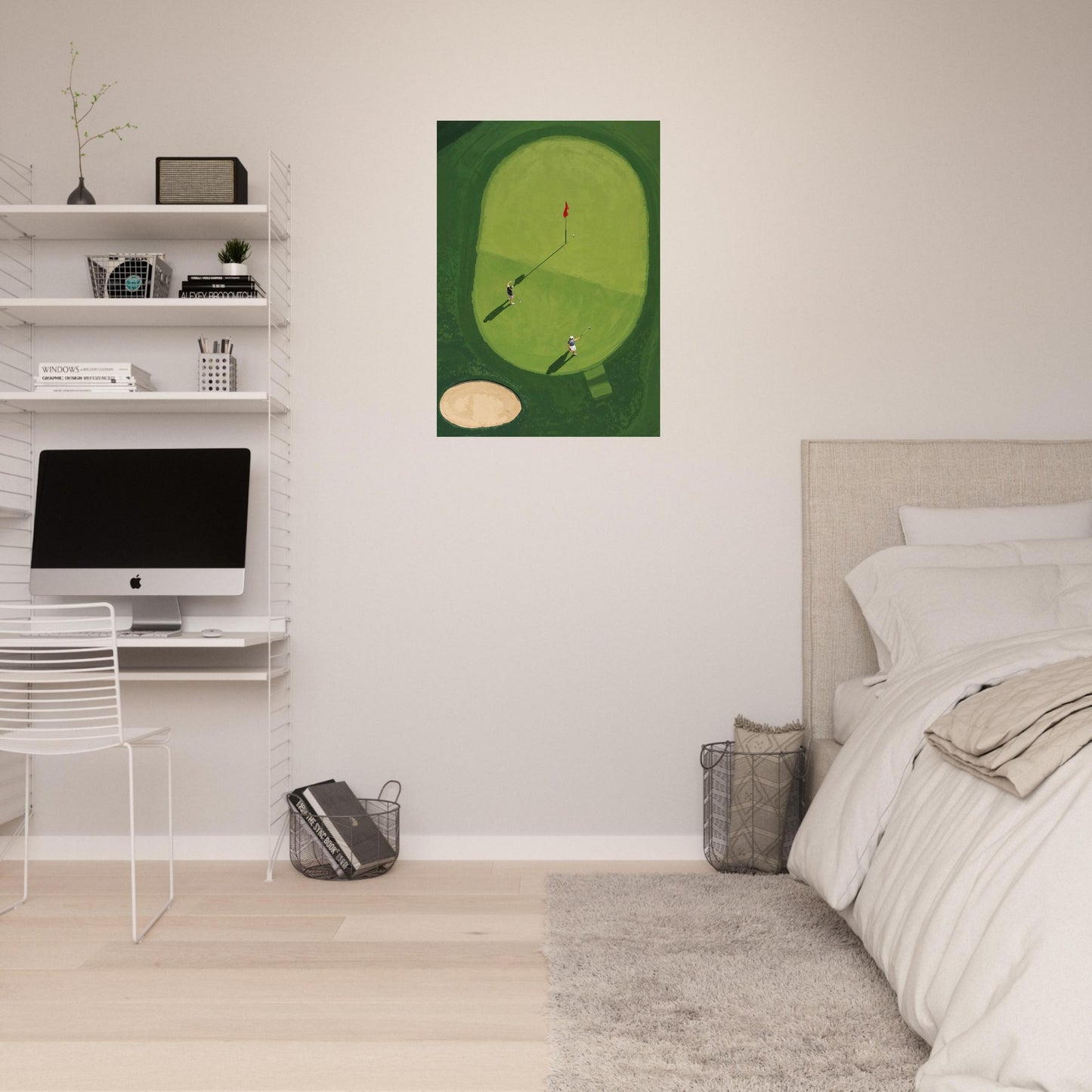 Modern bedroom with a desk, computer, and minimalist golf wall art