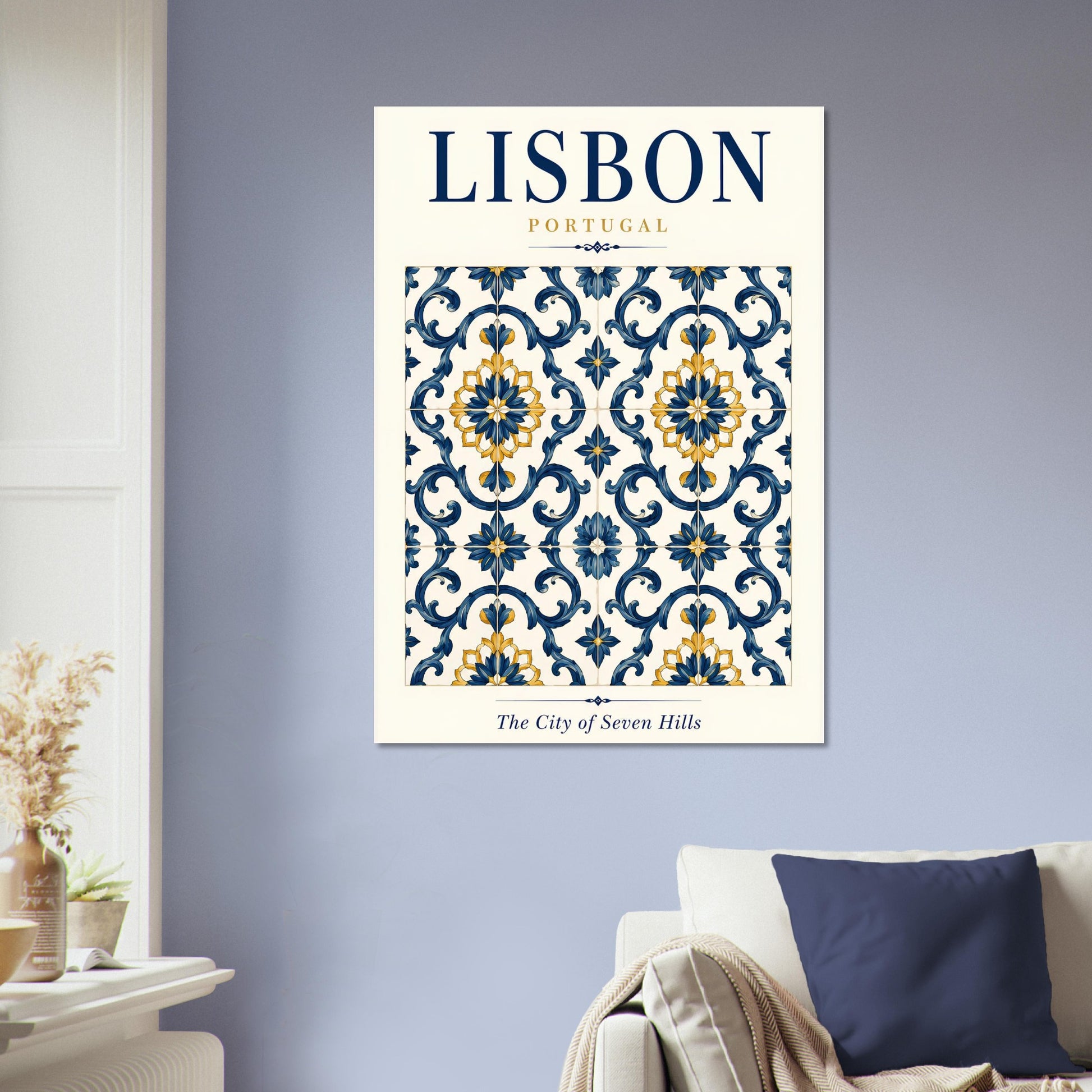 Lisbon azulejo tile poster displayed on a pale blue wall in a contemporary living room.