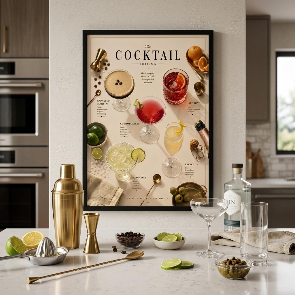 Cocktail Edition Poster displayed in a stylish kitchen featuring classic cocktails, citrus garnishes and luxury home bar decor.