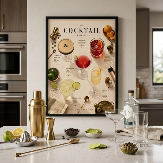 Cocktail Edition Poster displayed in a stylish kitchen featuring classic cocktails, citrus garnishes and luxury home bar decor.