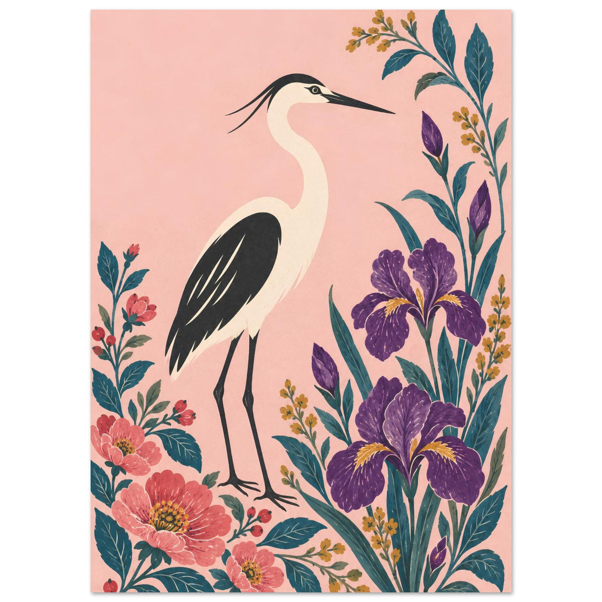 A vertical art print featuring a white heron with black wings and long black legs, standing among purple irises, pink flowers, and teal leaves on a soft pink background.