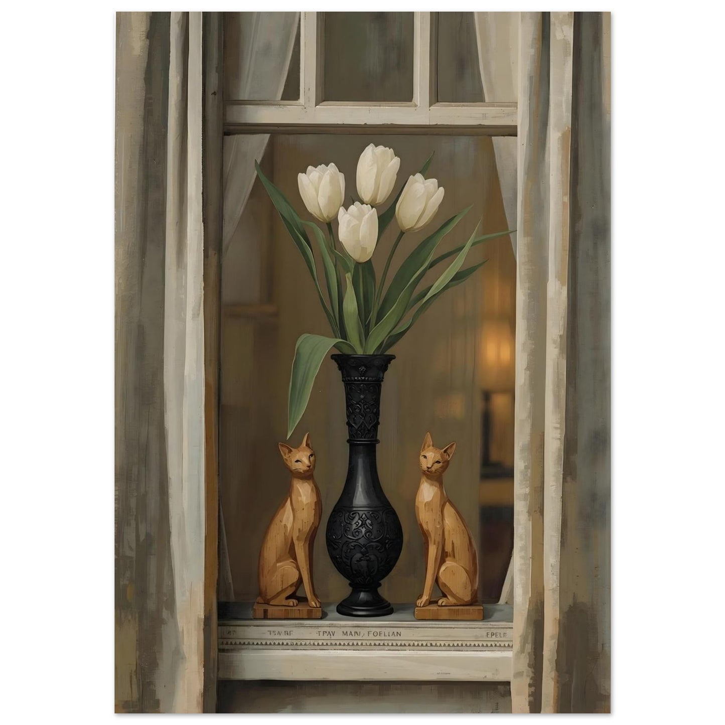 Decorative scene with a vase of white tulips and two cat statues in front of a window.