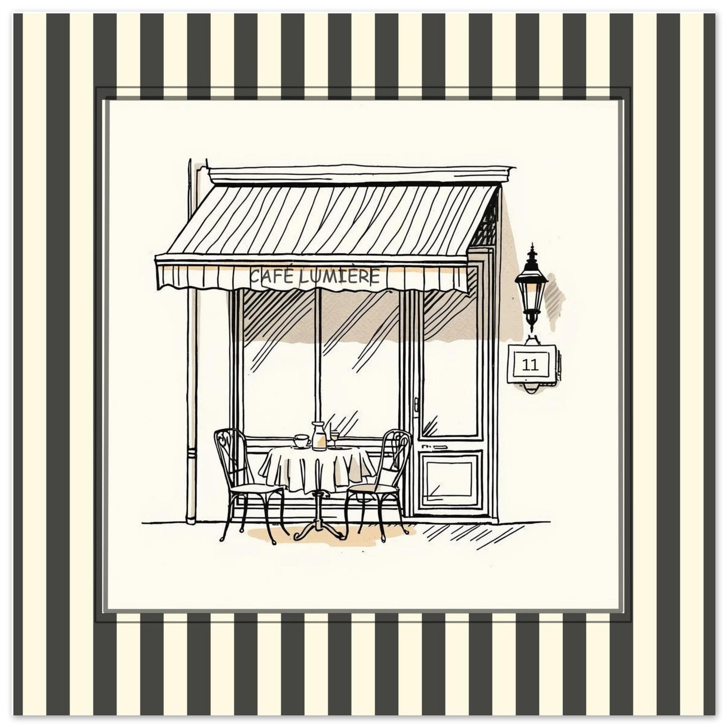 Close-up of Café Lumière Paris square art print with striped border