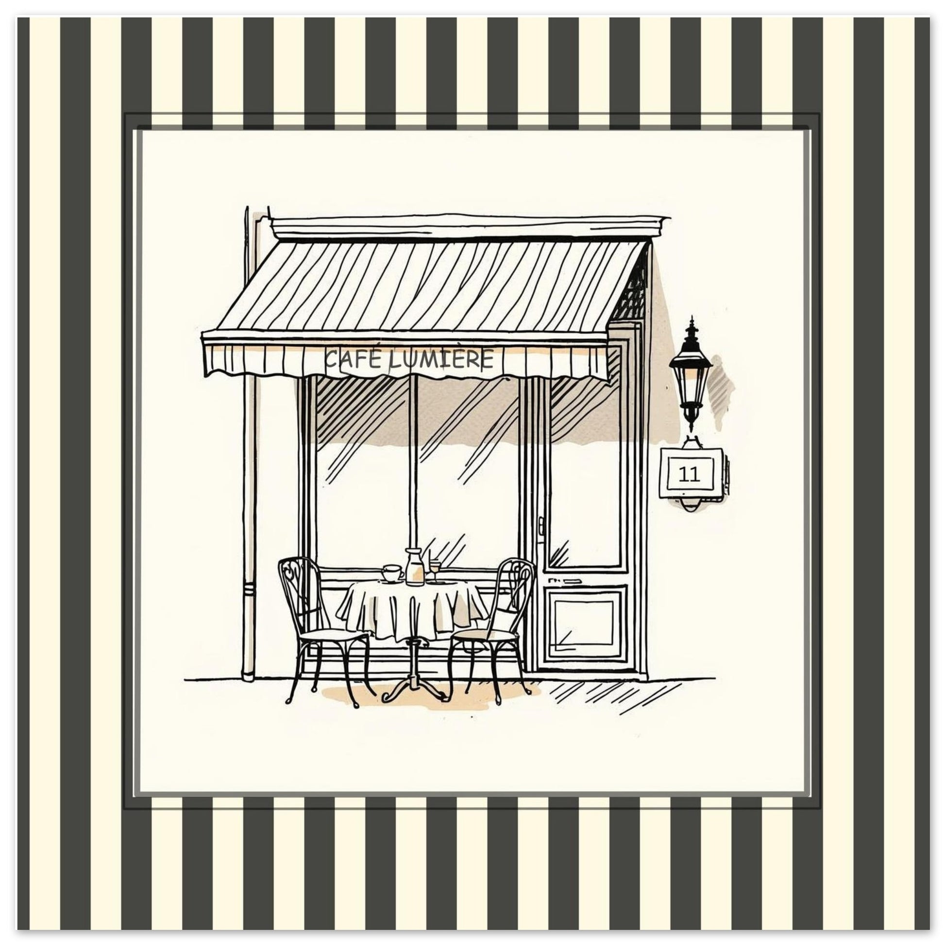 Close-up of Café Lumière Paris square art print with striped border