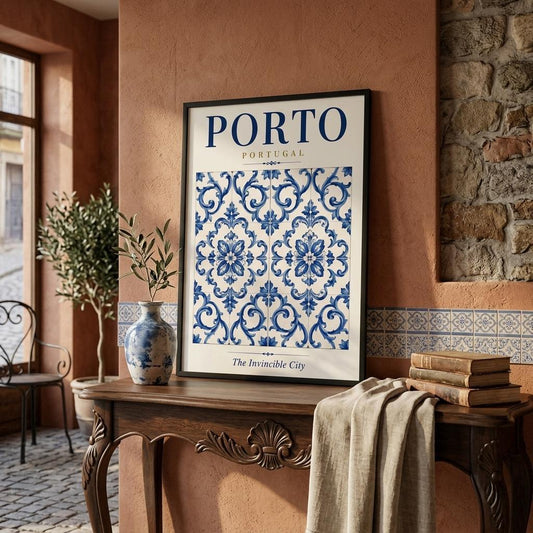 Porto Portugal wall art featuring a blue and white azulejo tile design displayed in a warm Portuguese-inspired interior.