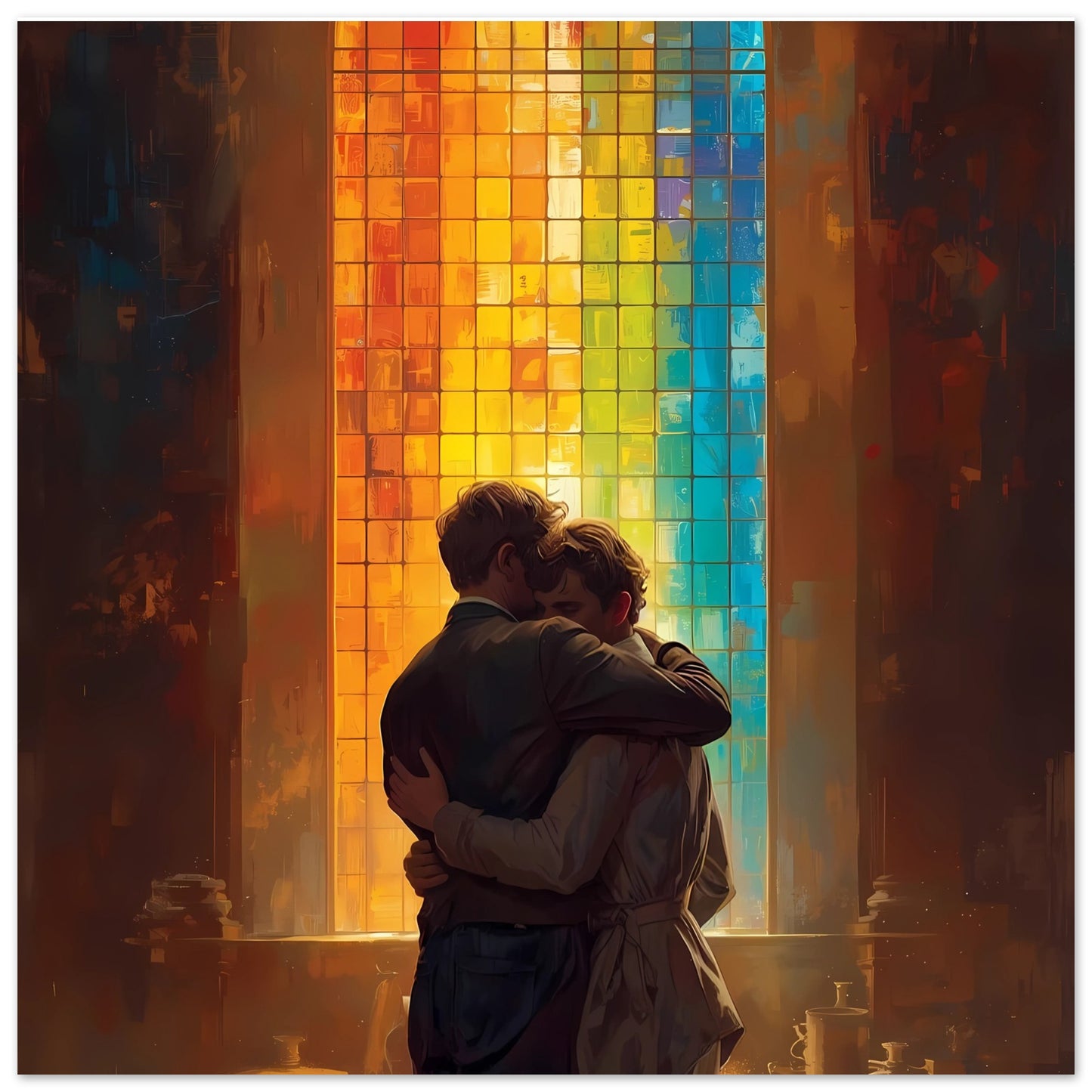 Two people embracing in front of a colorful stained glass window