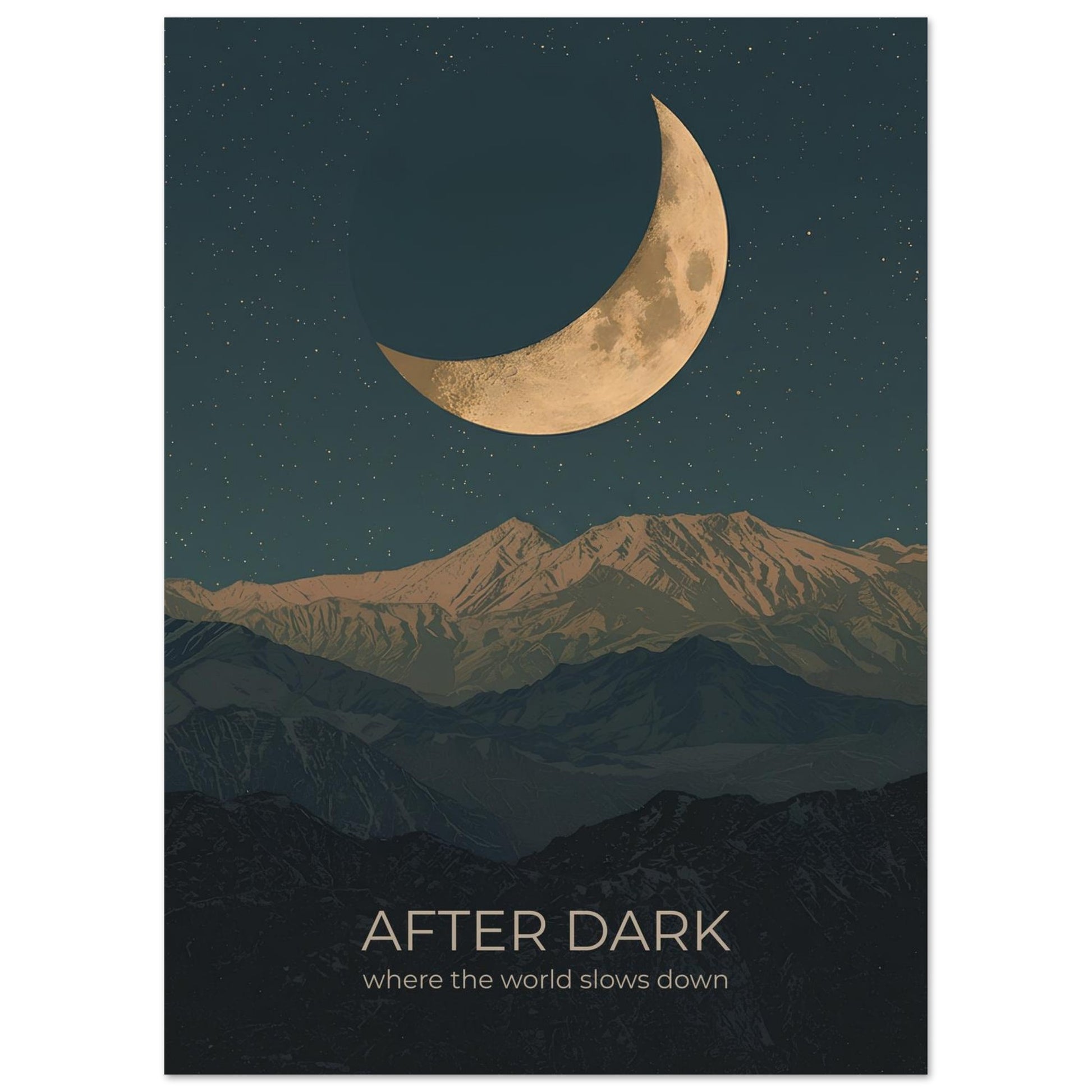 Close-up of After Dark moon wall art featuring a glowing crescent moon above layered mountains in deep navy and teal tones.