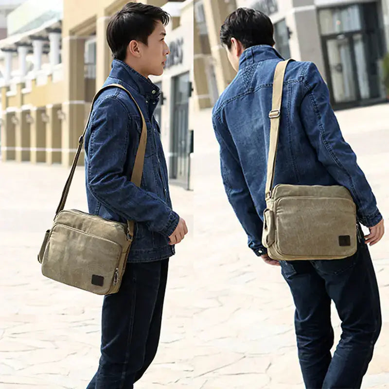 Split image of a man wearing a khaki vintage canvas messenger bag from front and back view, styled with a denim jacket in an urban setting