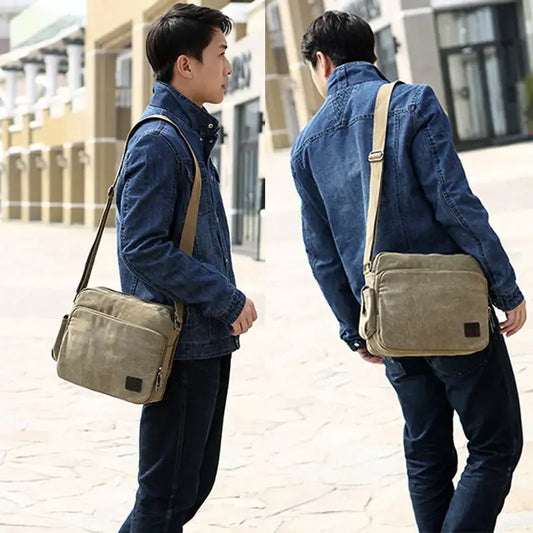 Split image of a man wearing a khaki vintage canvas messenger bag from front and back view, styled with a denim jacket in an urban setting