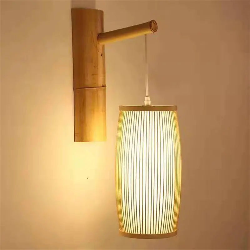 Wooden wall sconce with a cylindrical lampshade on a beige background