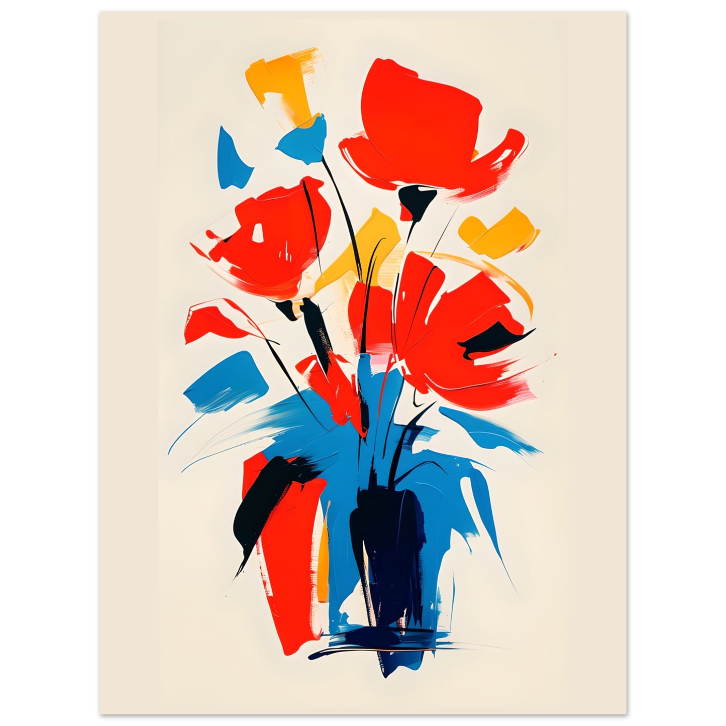 Abstract artwork of flowers and a vase on a beige background