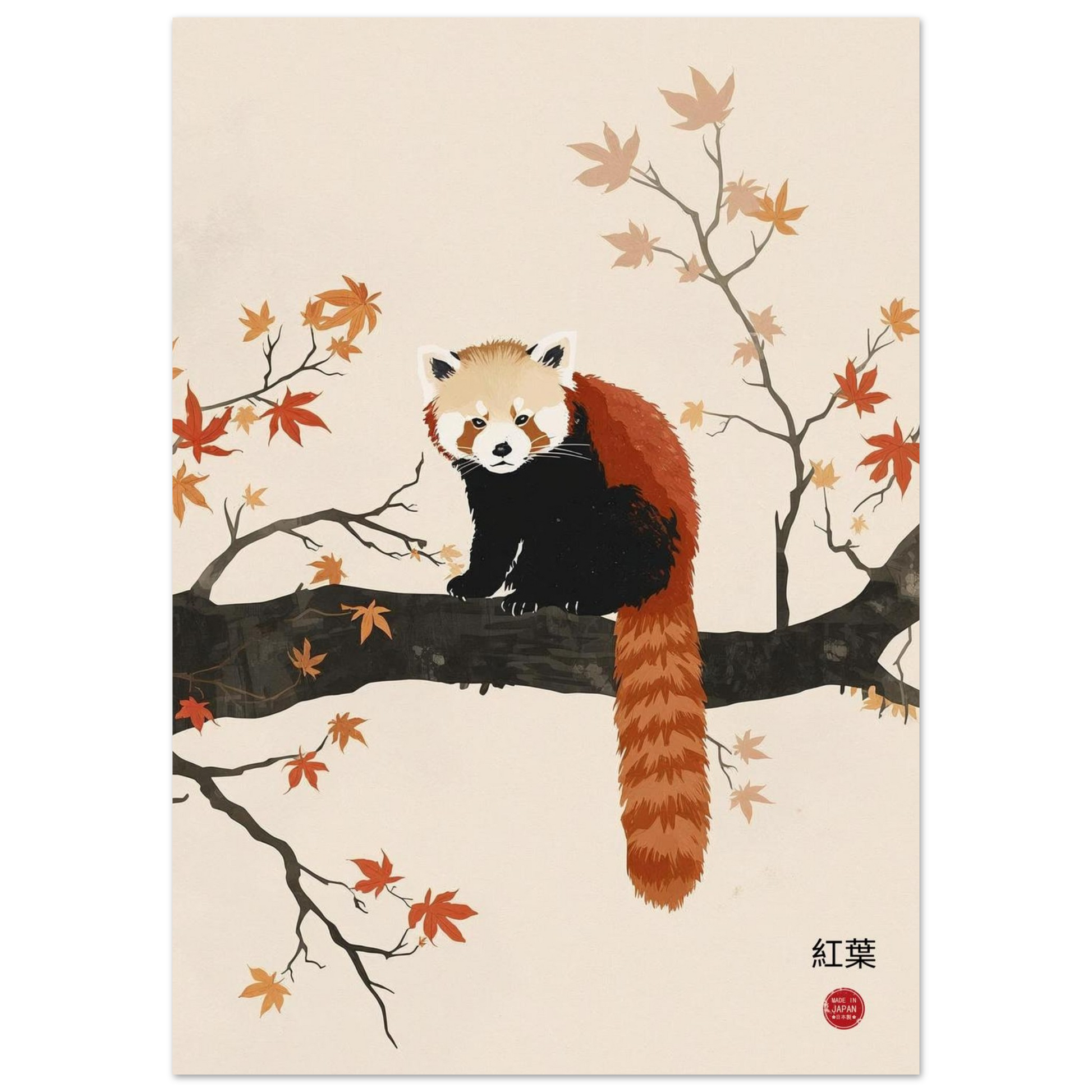 Illustration of a red panda on a branch with autumn leaves