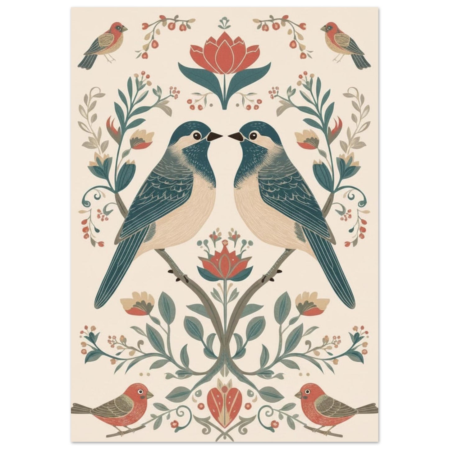Close-up of Scandinavian folk art bird poster showing detailed floral and symmetrical design