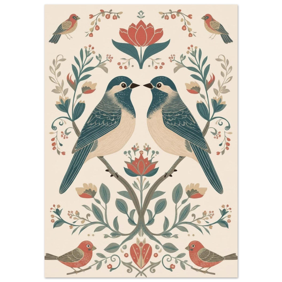 Close-up of Scandinavian folk art bird poster showing detailed floral and symmetrical design