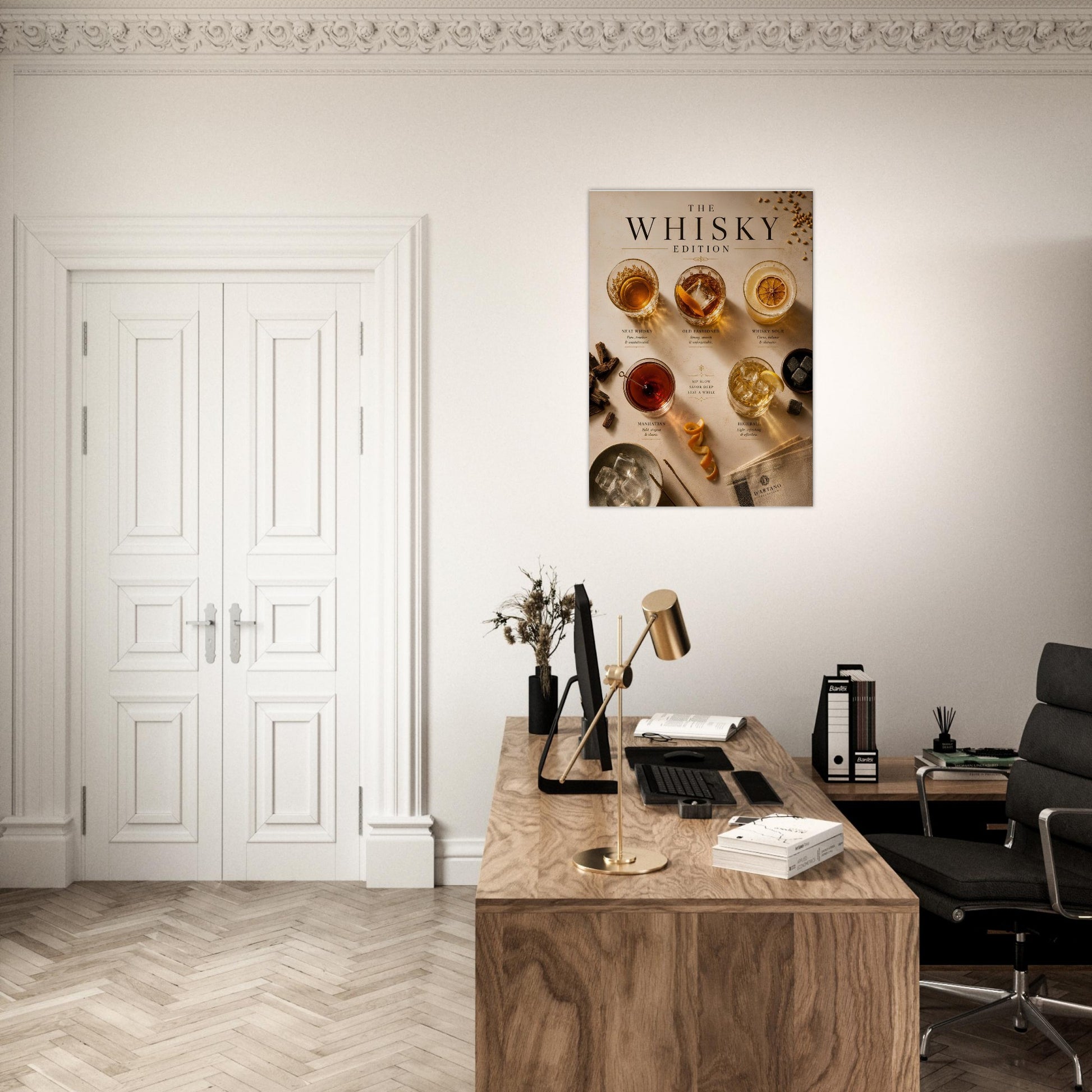 Modern office with a desk, chair, and decorative wall art of whisky glasses.