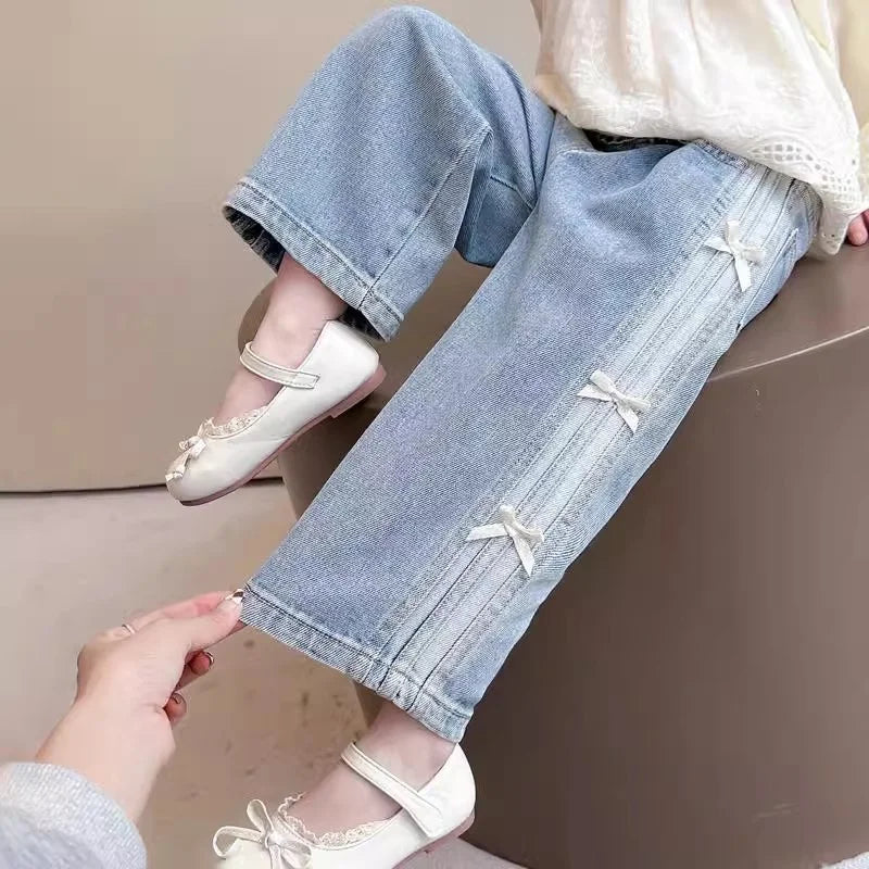 Girls Bow Jeans – Light Blue Loose Denim Pants with Bow Detail