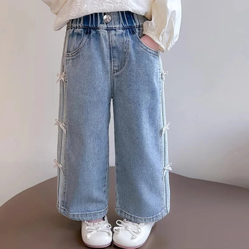 Girls Bow Jeans – Light Blue Loose Denim Pants with Bow Detail