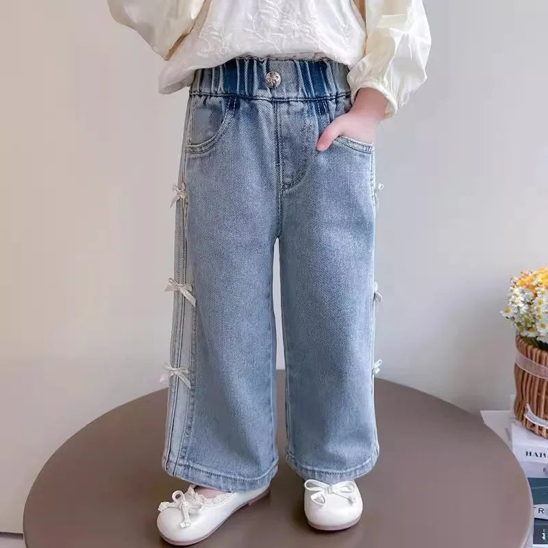 Girls Bow Jeans – Light Blue Loose Denim Pants with Bow Detail