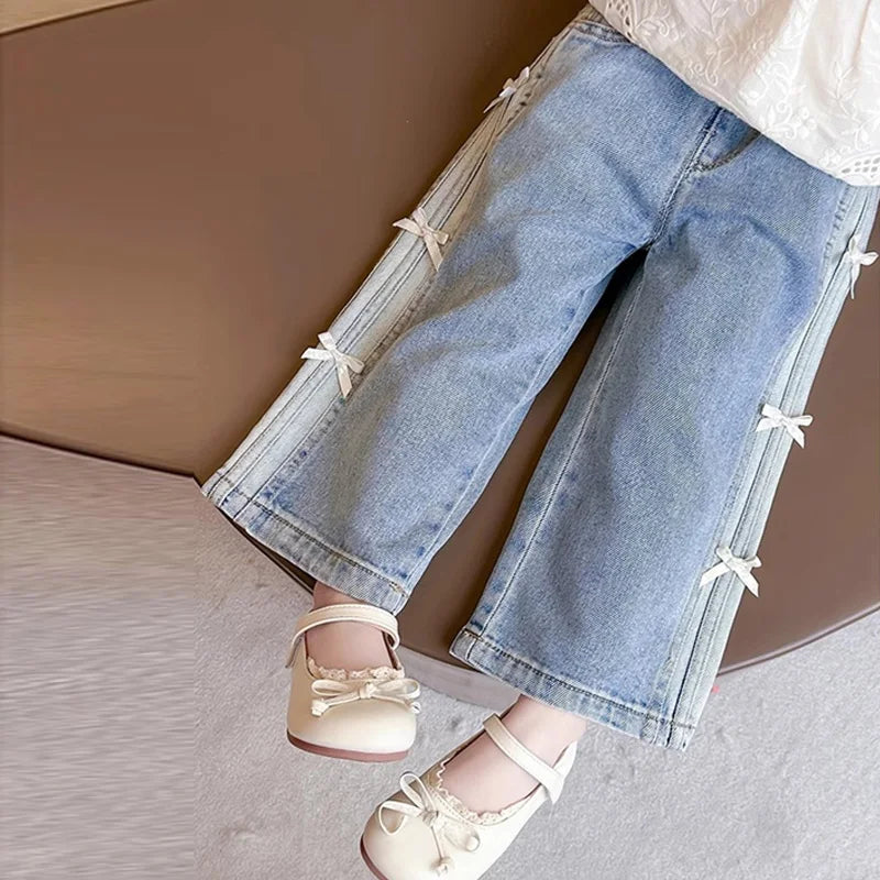 Girls Bow Jeans – Light Blue Loose Denim Pants with Bow Detail