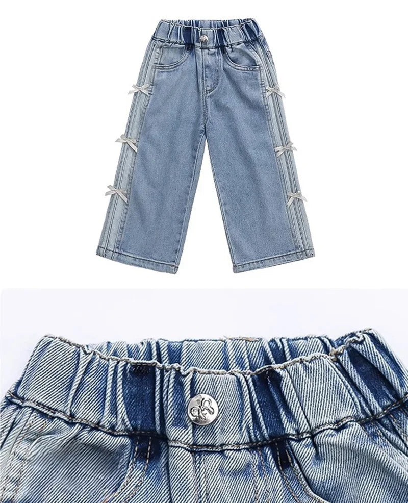Girls Bow Jeans – Light Blue Loose Denim Pants with Bow Detail