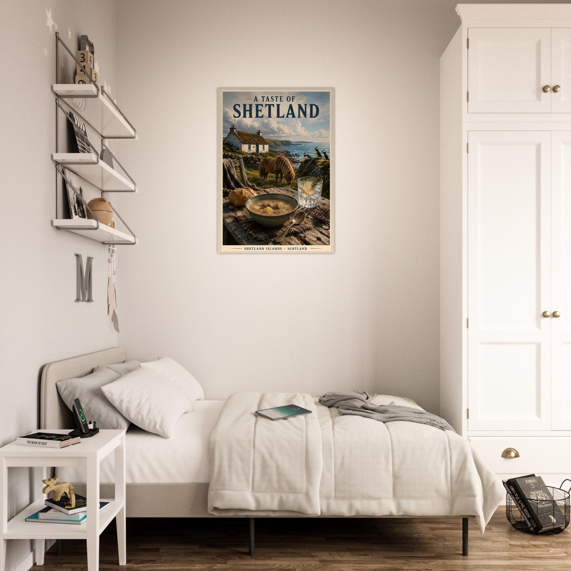 A Taste of Shetland poster displayed in a beige bedroom with soft coastal decor accents