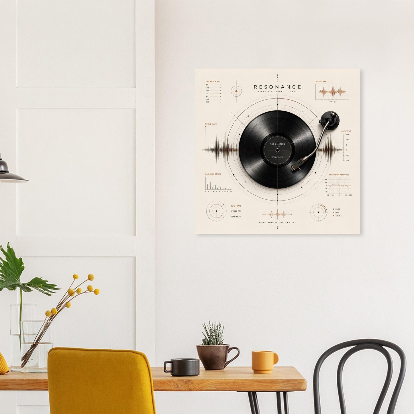 Framed vinyl record wall art displayed on a soft grey wall in a modern living space, featuring geometric sound wave details and copper accents.