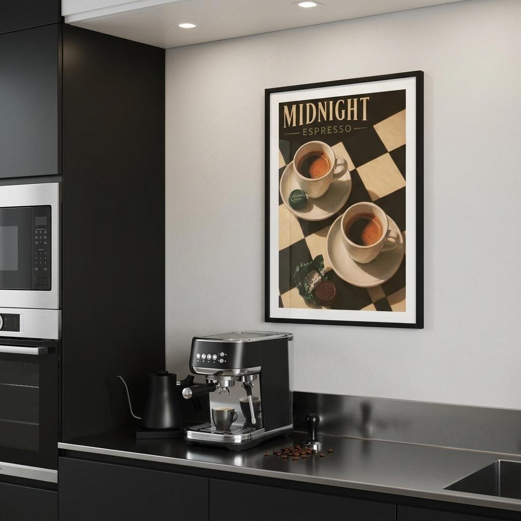 Midnight Espresso wall art displayed in a contemporary dark kitchen with coffee machine and minimalist decor.