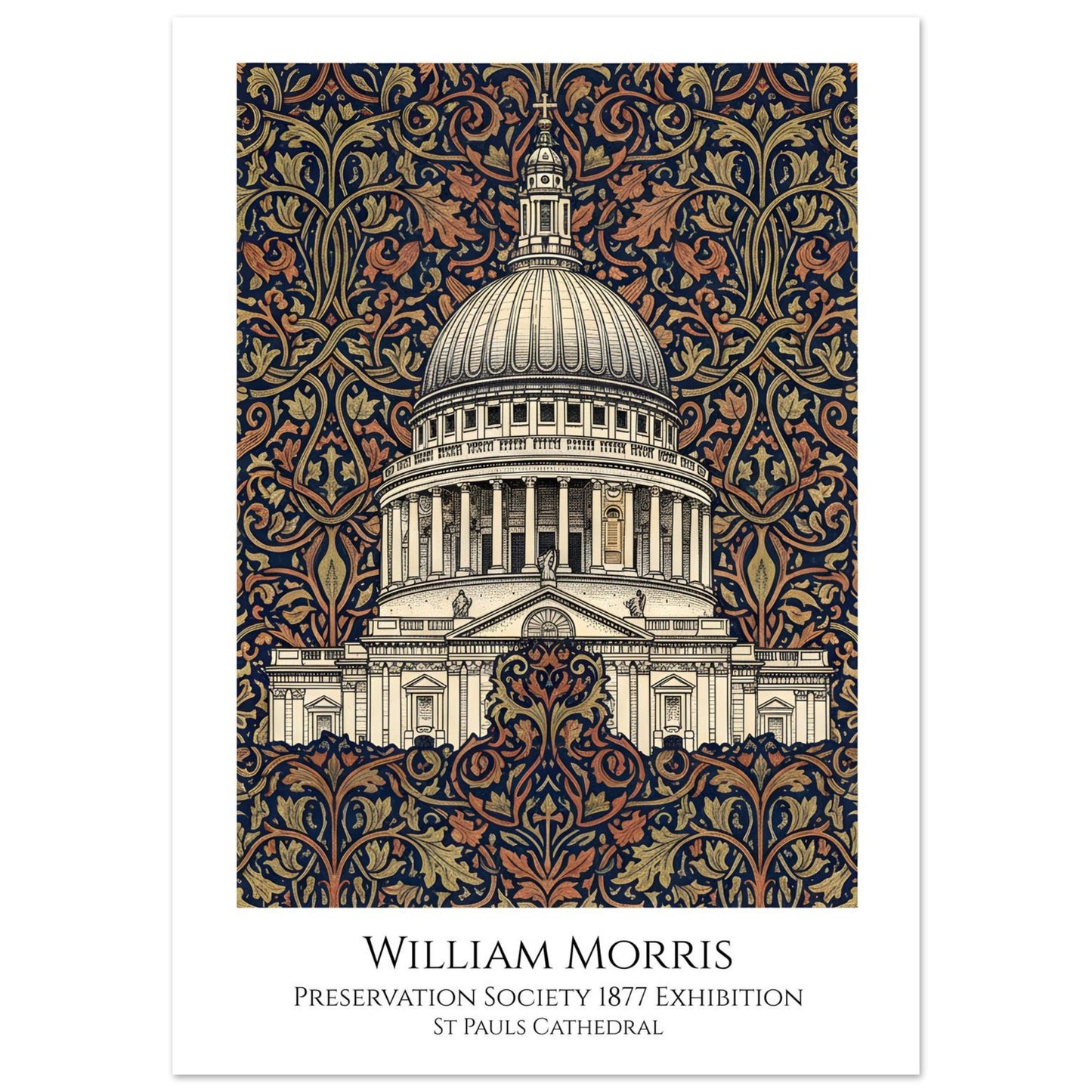 Decorative poster of St. Paul's Cathedral with intricate patterns and 'William Morris' text.