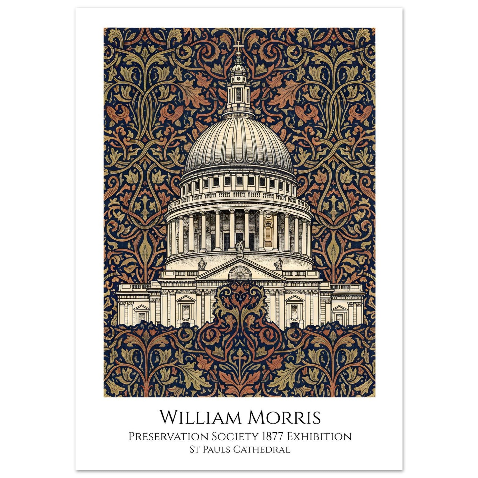 Decorative poster of St. Paul's Cathedral with intricate patterns and 'William Morris' text.