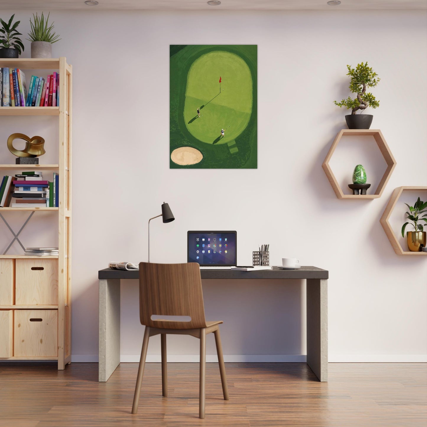 Modern home office with a desk, chair, and minimalist golf wall art