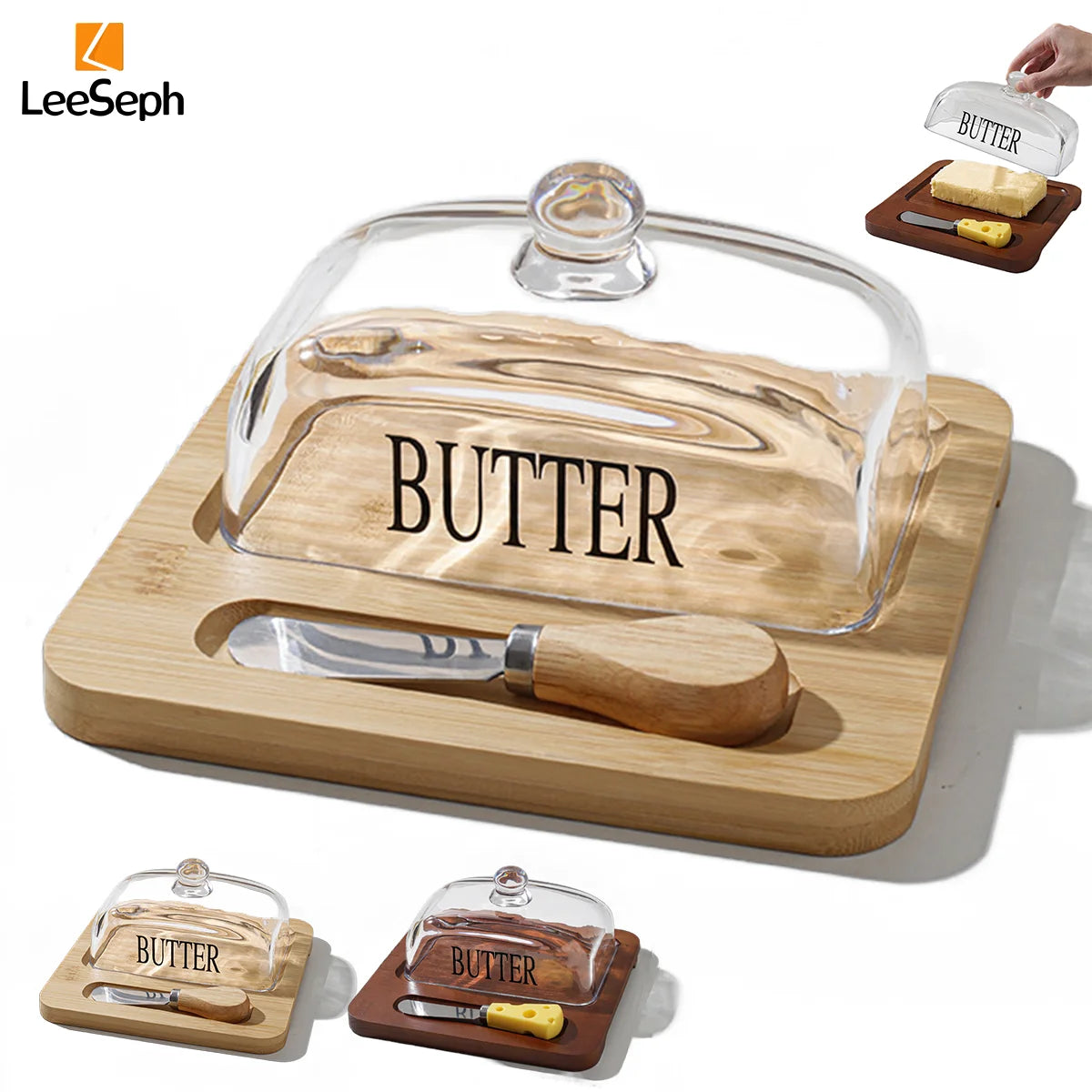 Butter dish set with wooden cover and knife, featuring LeeSeph branding.