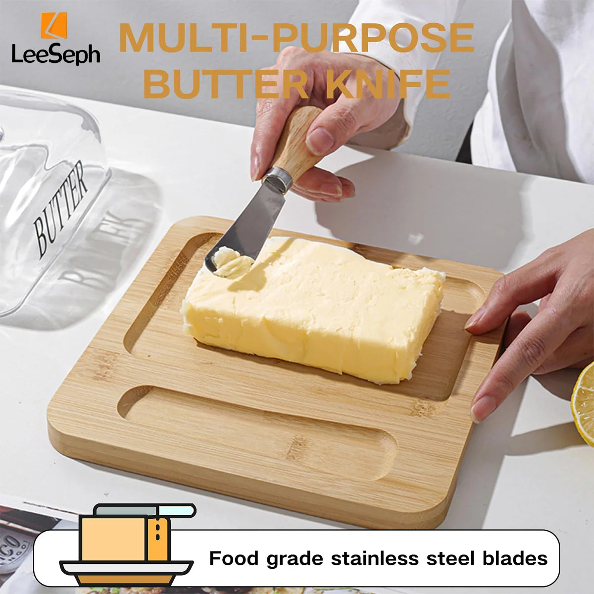 Person using a multi-purpose butter knife to cut a block of butter on a wooden cutting board with LeeSeph branding.