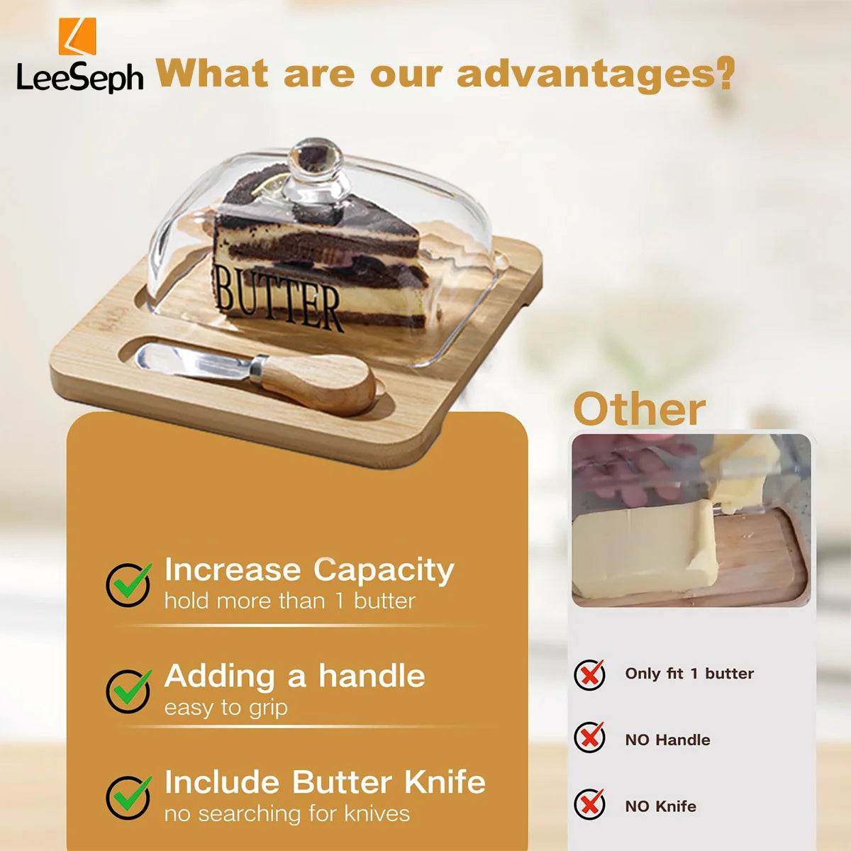 Butter dish with lid, knife, and wooden board on a white background with LeeSeph branding.