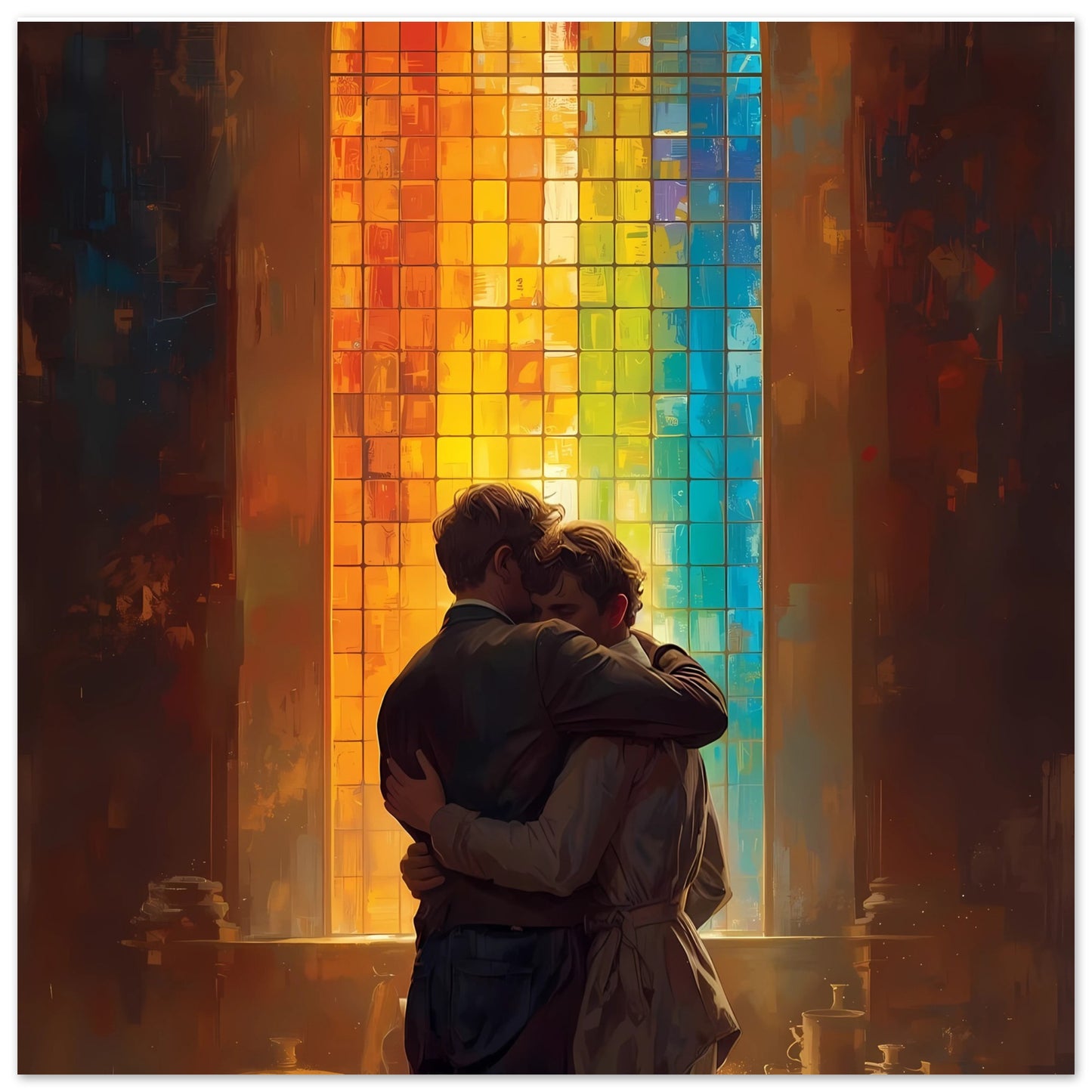 Two people embracing in front of a colorful stained glass window