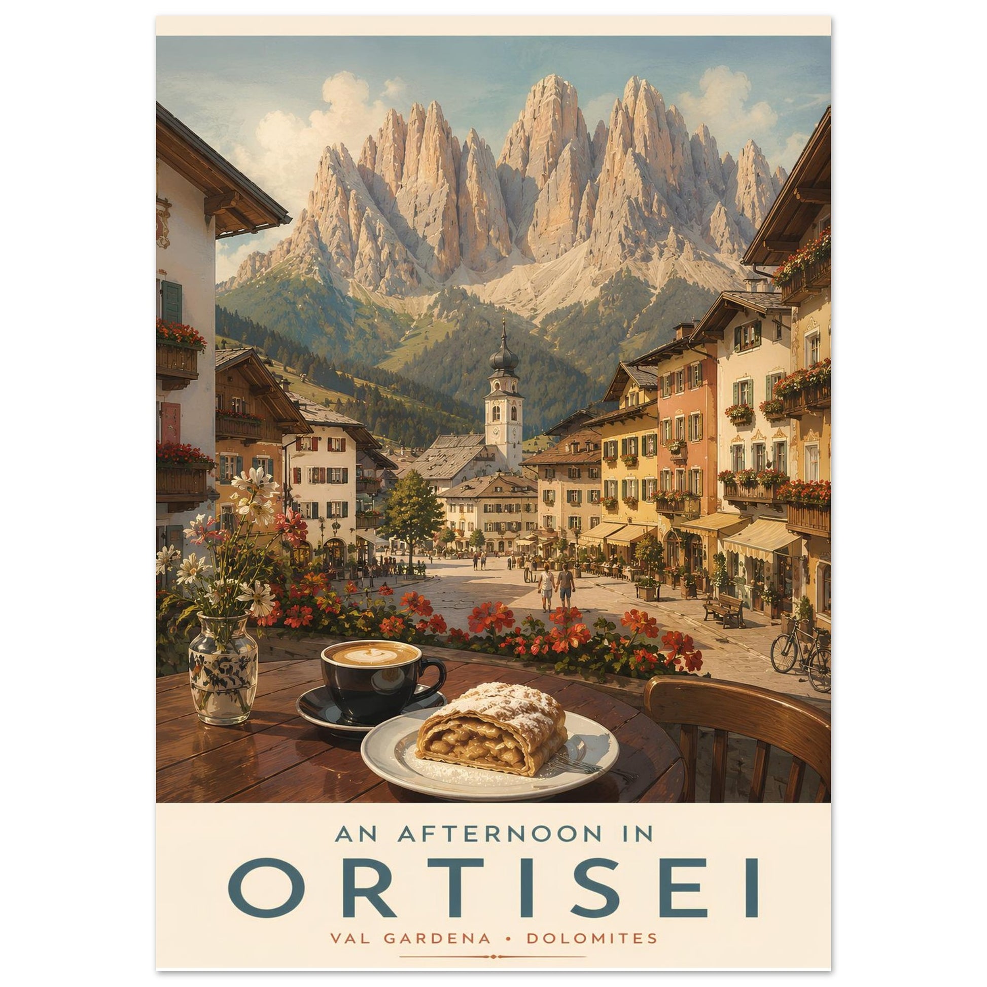 Close-up of the Ortisei travel poster featuring flower-filled alpine streets, café culture and the dramatic peaks of the Dolomites in northern Italy