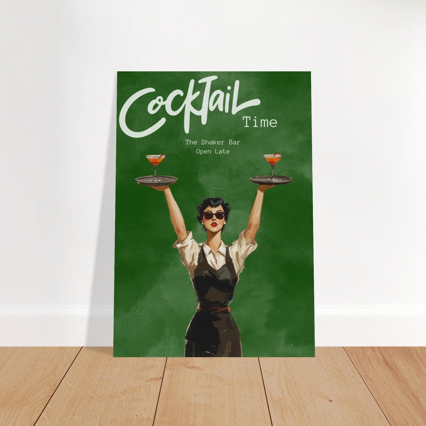 Poster with a woman holding cocktail trays against a green background