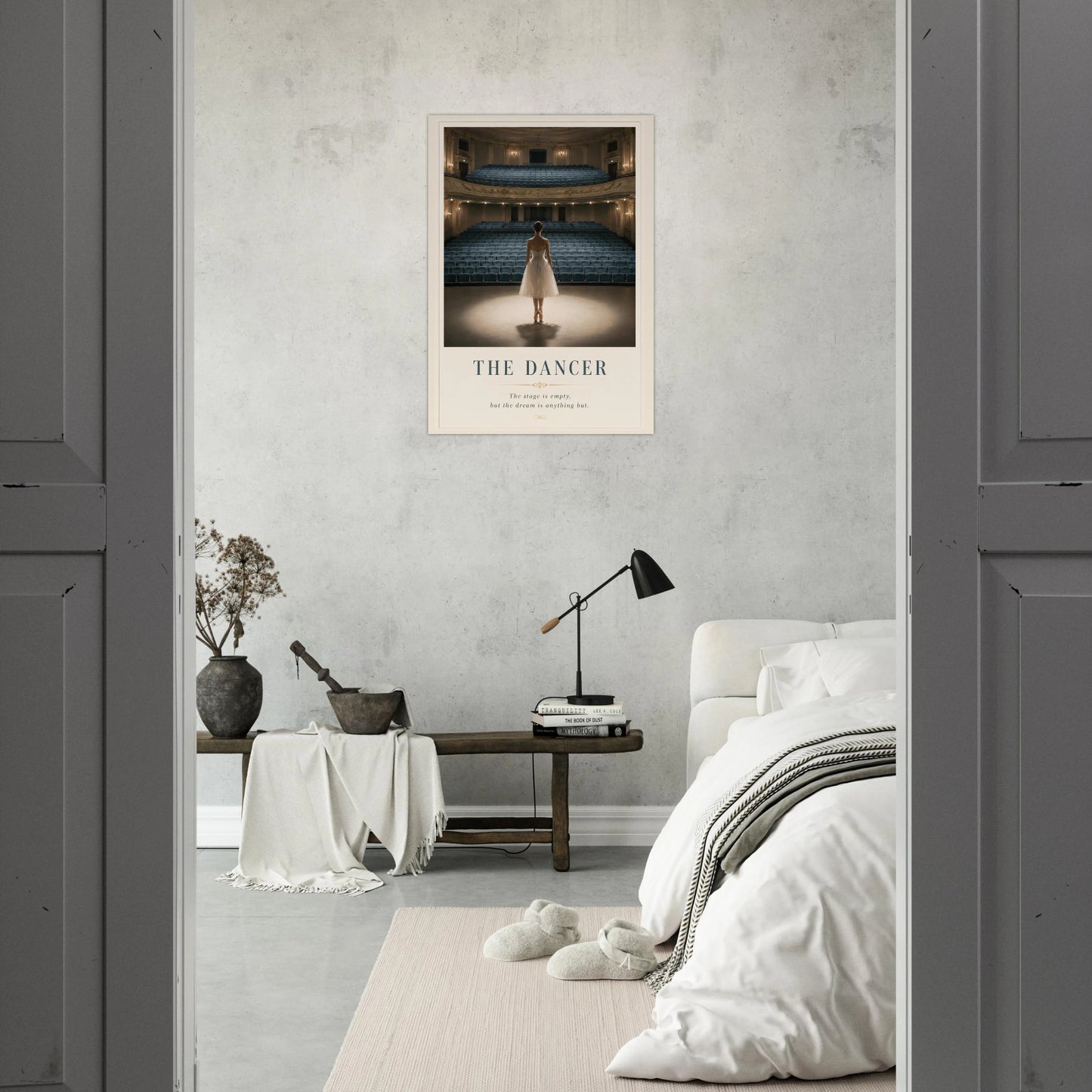 Poster of a dancer on stage in a bedroom setting with a bed and lamp.