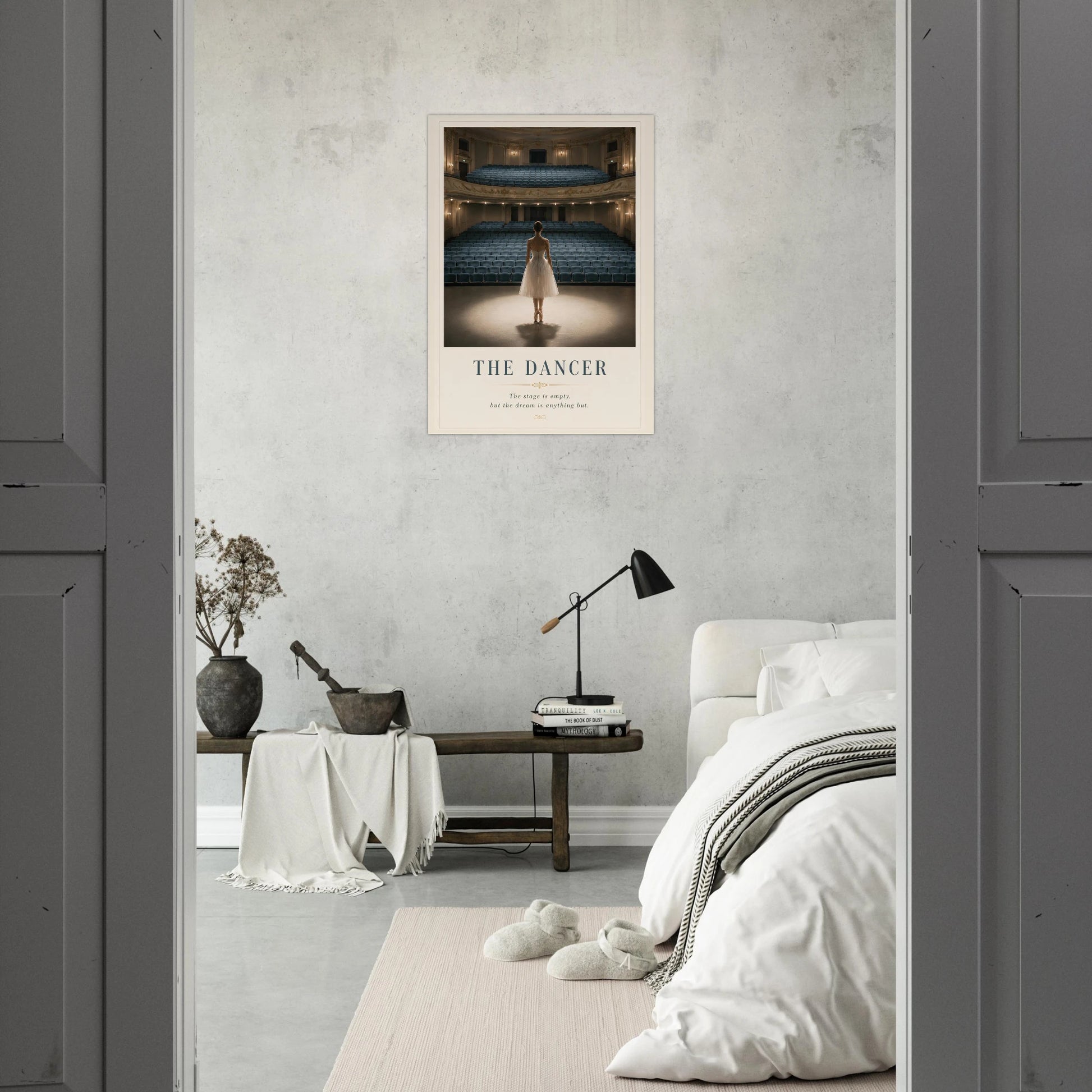Poster of a dancer on stage in a bedroom setting with a bed and lamp.
