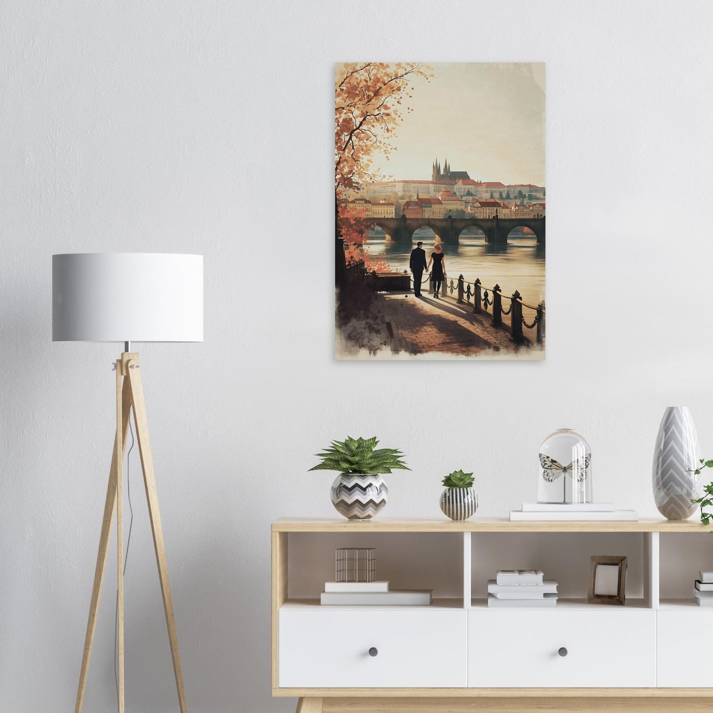 Romantic Prague poster with Charles Bridge and castle skyline at sunset