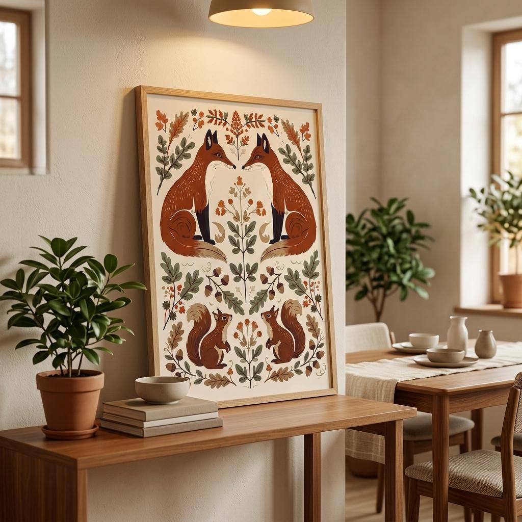 Foxes & Ferns folk art poster displayed in a warm living room, featuring two red foxes, woodland foliage and decorative botanical details.