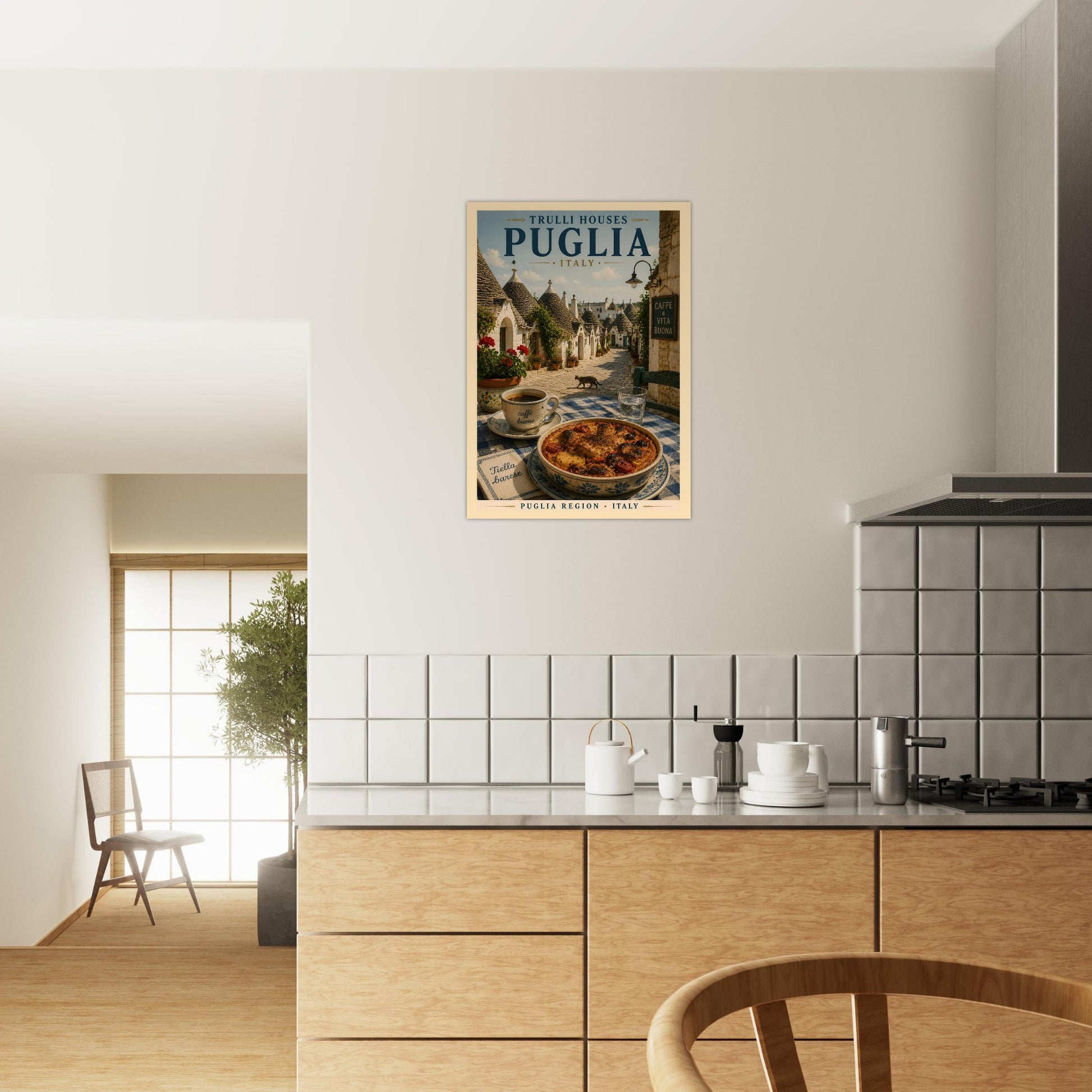 Mediterranean wall art print displayed in a bright kitchen with natural sunlight