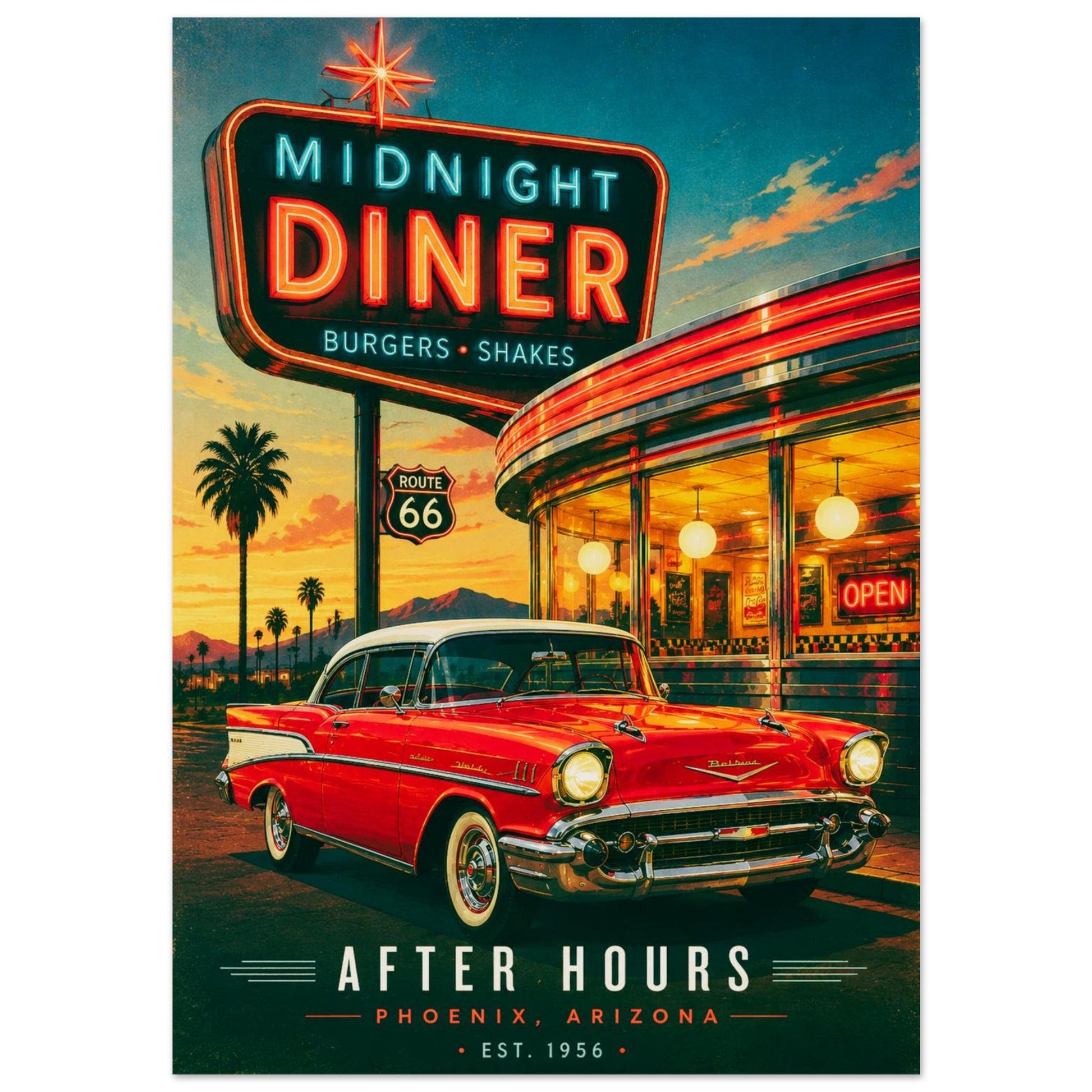Vintage Poster - red car parked in front of a 50s diner with a neon sign on a sunset background.
