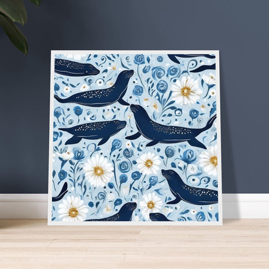 Whimsical seal and daisy art print framed wall poster â€“ coastal blue floral artwork